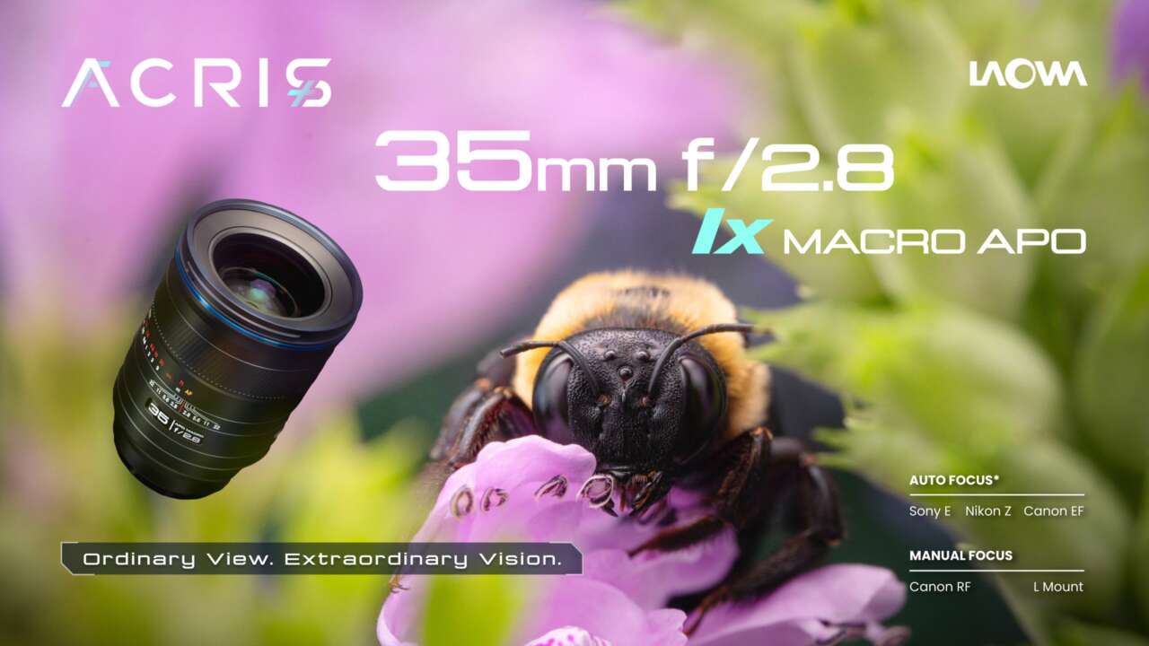 Official Laowa Acris 35mm f/2.8 launch graphic showing the lens and a bee on a flower.