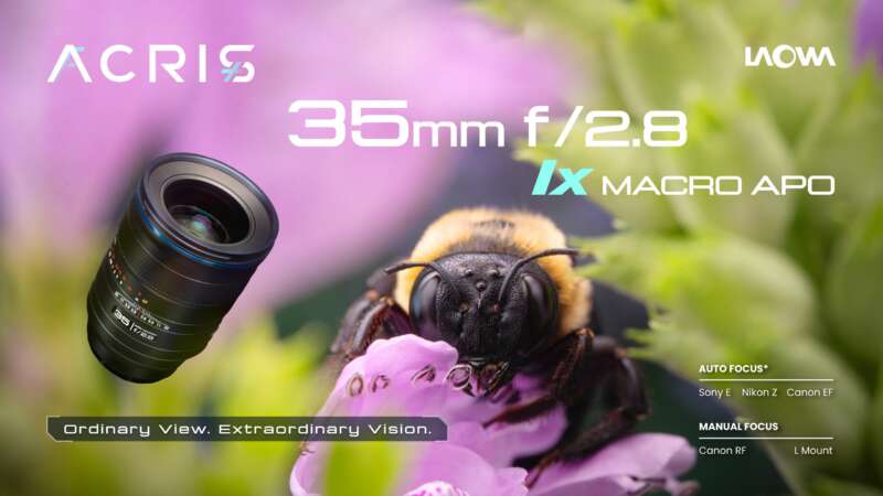 Official Laowa Acris 35mm f/2.8 launch graphic showing the lens and a bee on a flower.
