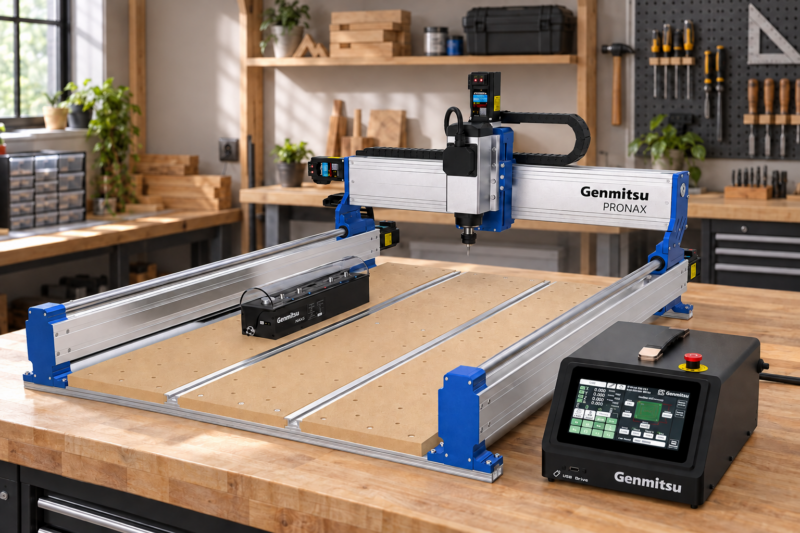 Genmitsu PRONAX Spark CNC router with NAX5 tool changer in an illustrative workshop setting