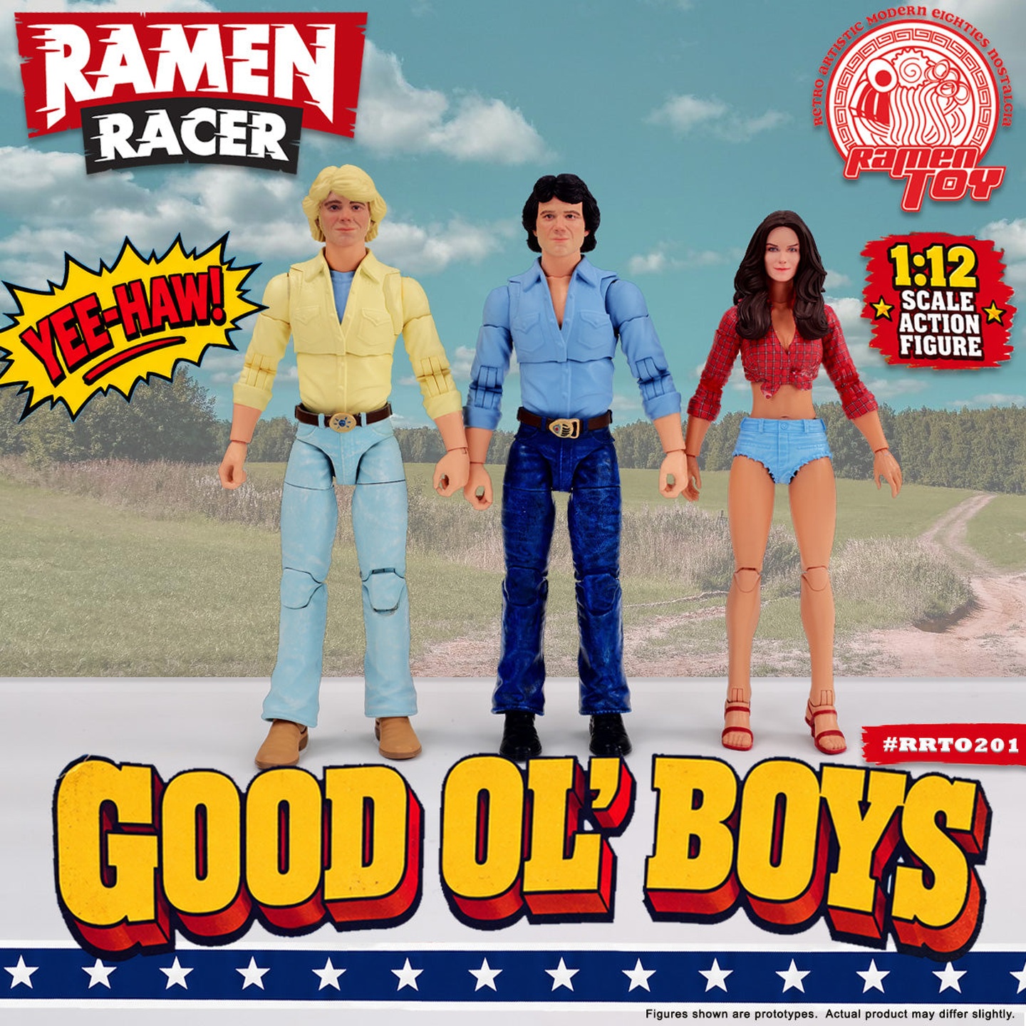 Ramen Toy prototype promotional image of the three Good Ol' Boys and Dixie figures. Original branding and prototype disclaimer retained.