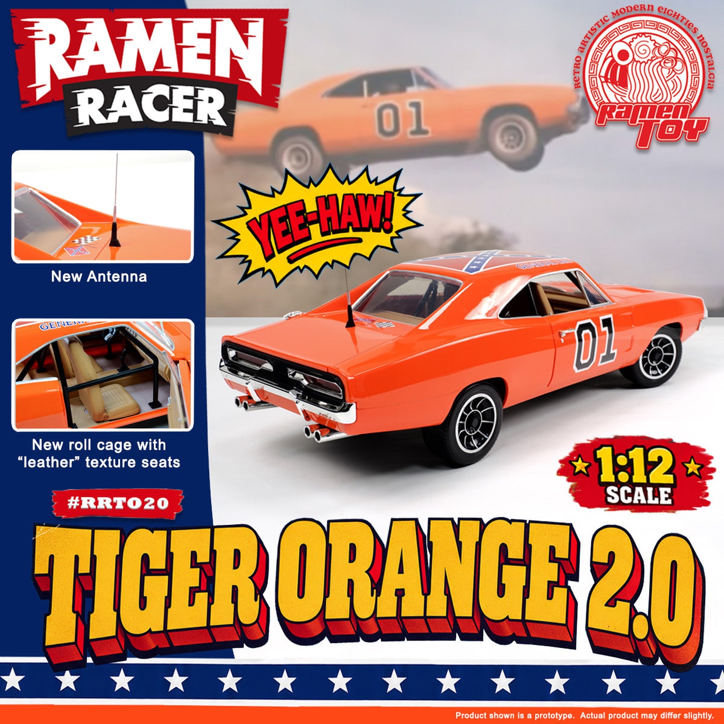 Ramen Toy prototype promotional image showing the Tiger Orange 2.0 vehicle from the rear with interior details. Original branding and prototype disclaimer retained.