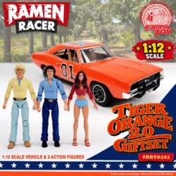 Ramen Toy promotional image of the orange Tiger Orange 2.0 car and three matching figures, with original branding and prototype disclaimer retained. Product shown is a prototype.