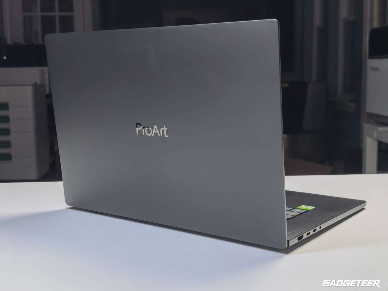 Rear view of the ASUS ProArt P16 showing its ProArt lid and right-side ports.