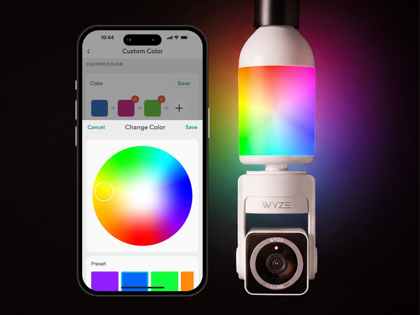 Wyze illustration showing the camera bulb beside its app color controls.