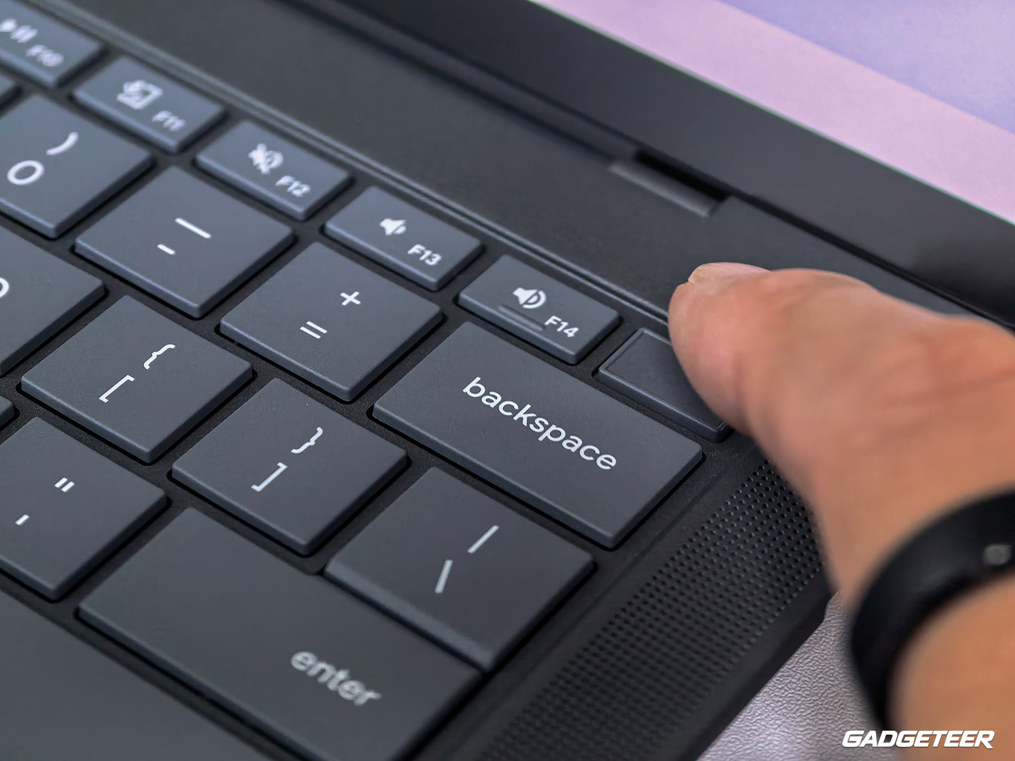 Close-up of the fingerprint reader at the top-right corner of the ASUS Googlebook 14 keyboard.