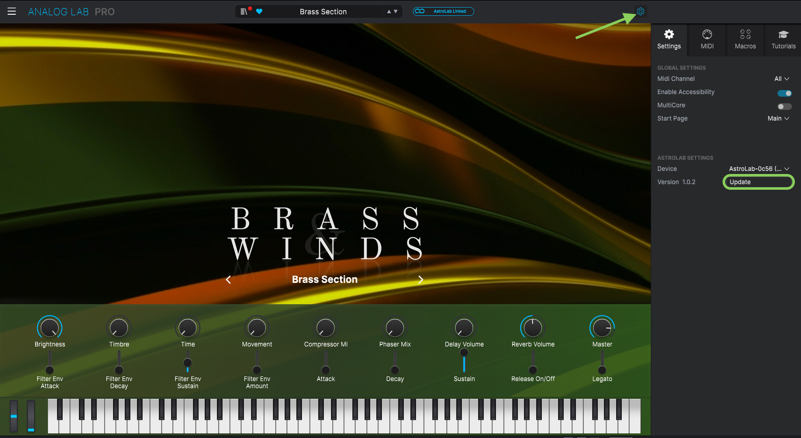 Arturia firmware Update control showing older version 1.0.2