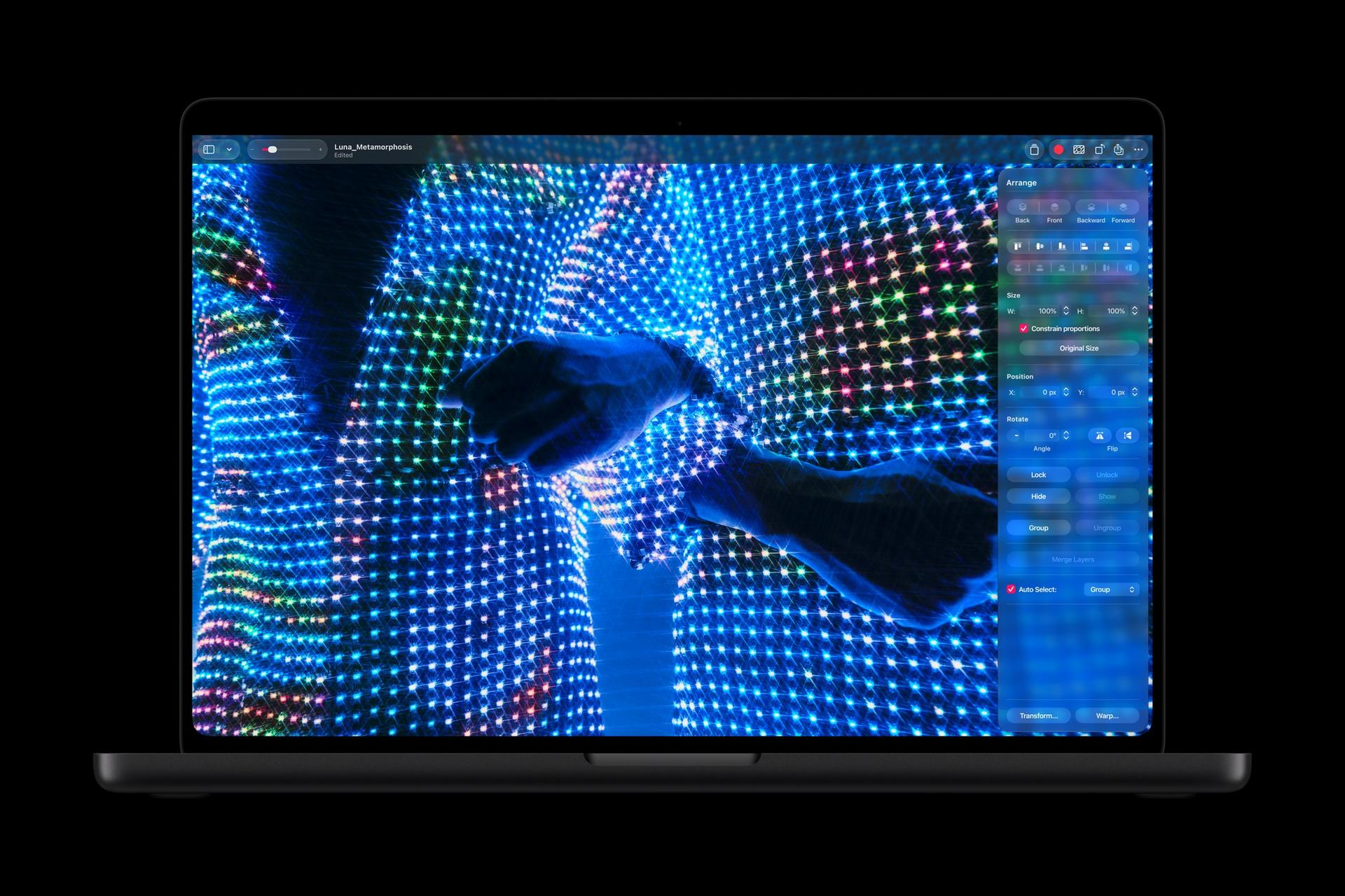 An open MacBook Pro with PROLED XDR Display shows the Pixelmator Pro app.