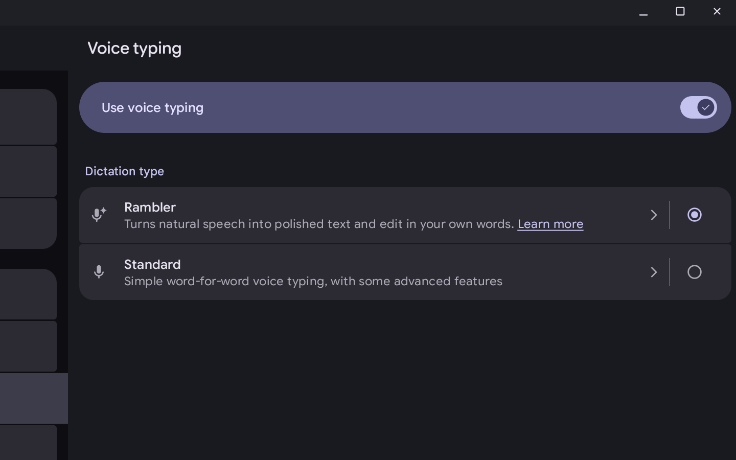 Googlebook Voice typing settings with Rambler selected and Standard available.