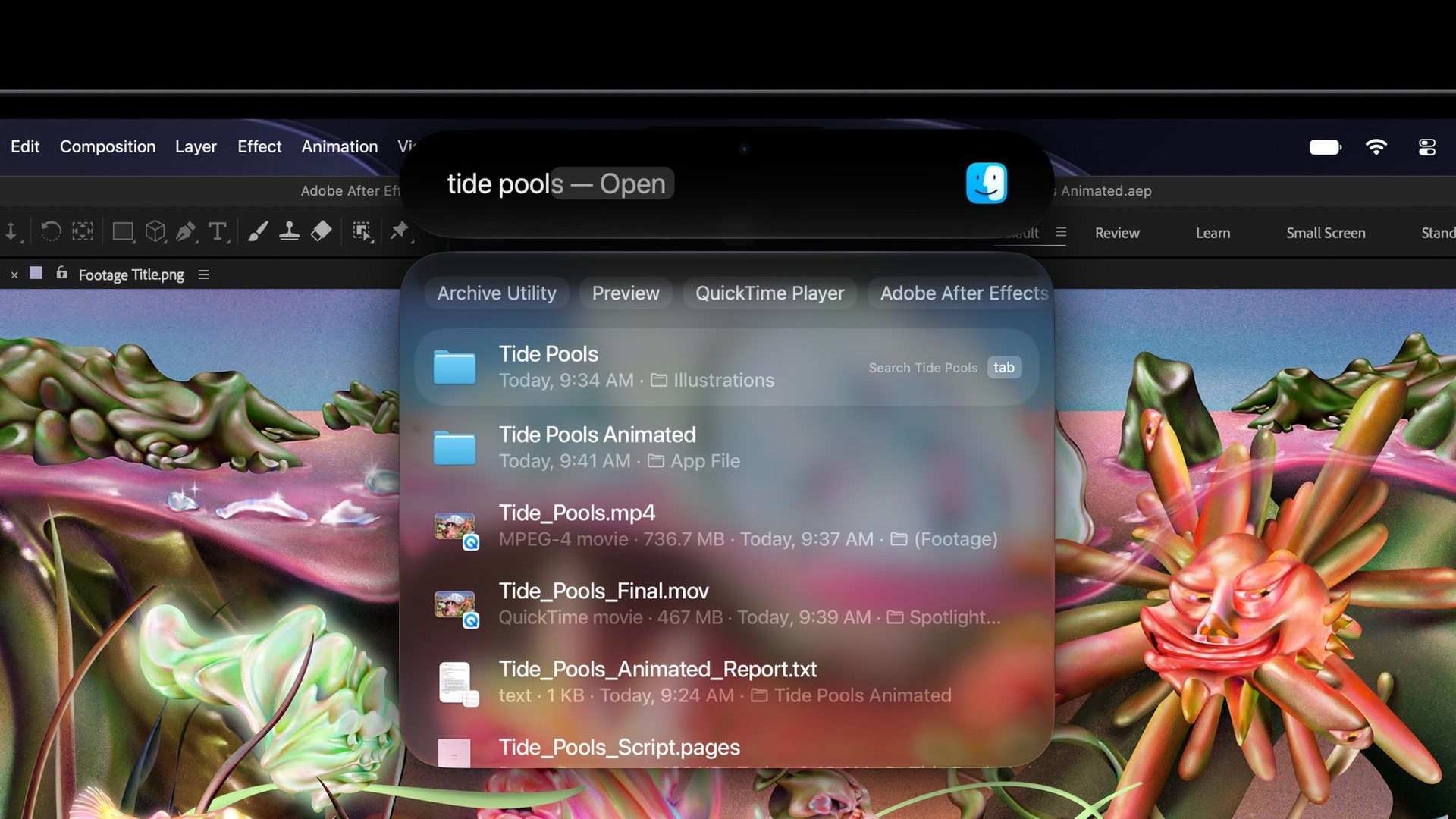 The Dynamic Island on a user’s MacBook Pro with PROLED XDR Display shows the Spotlight experience.