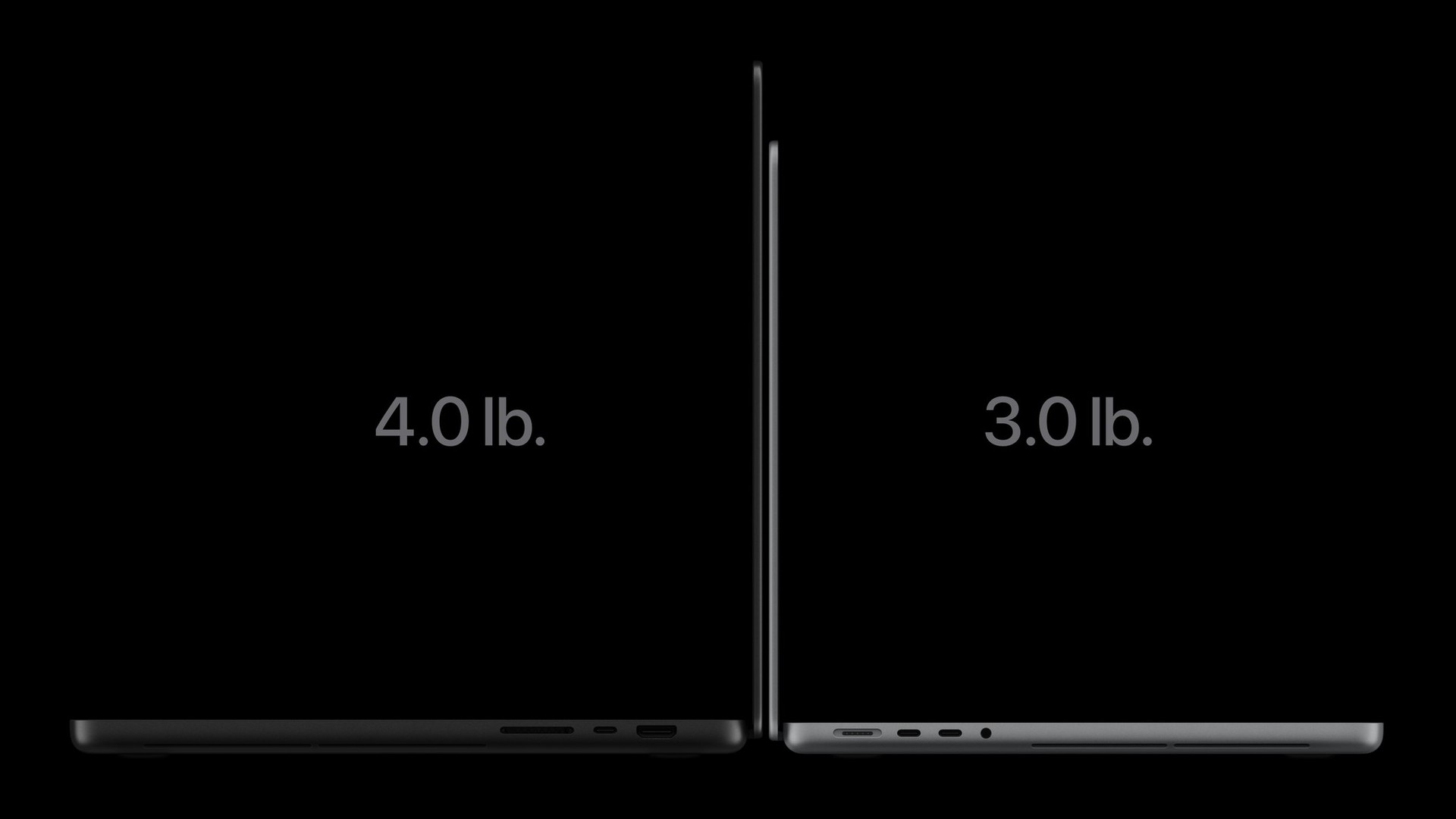 Two MacBook Pro with PROLED XDR Display devices are shown back to back from the side with the screen open. The model on the left has copy that reads “4.0 lb.,” while the model on the right has copy that reads “3.0 lb.”