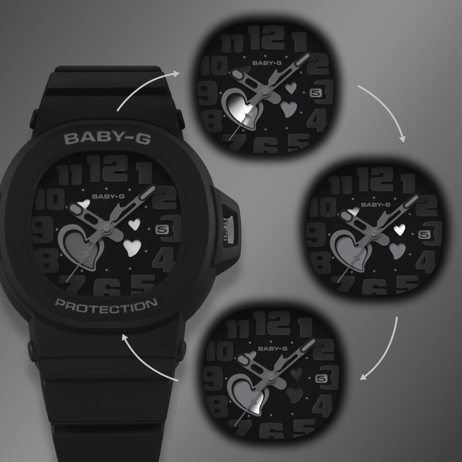 Casio illustration of the black BGA-10 heart windows changing through four dial states