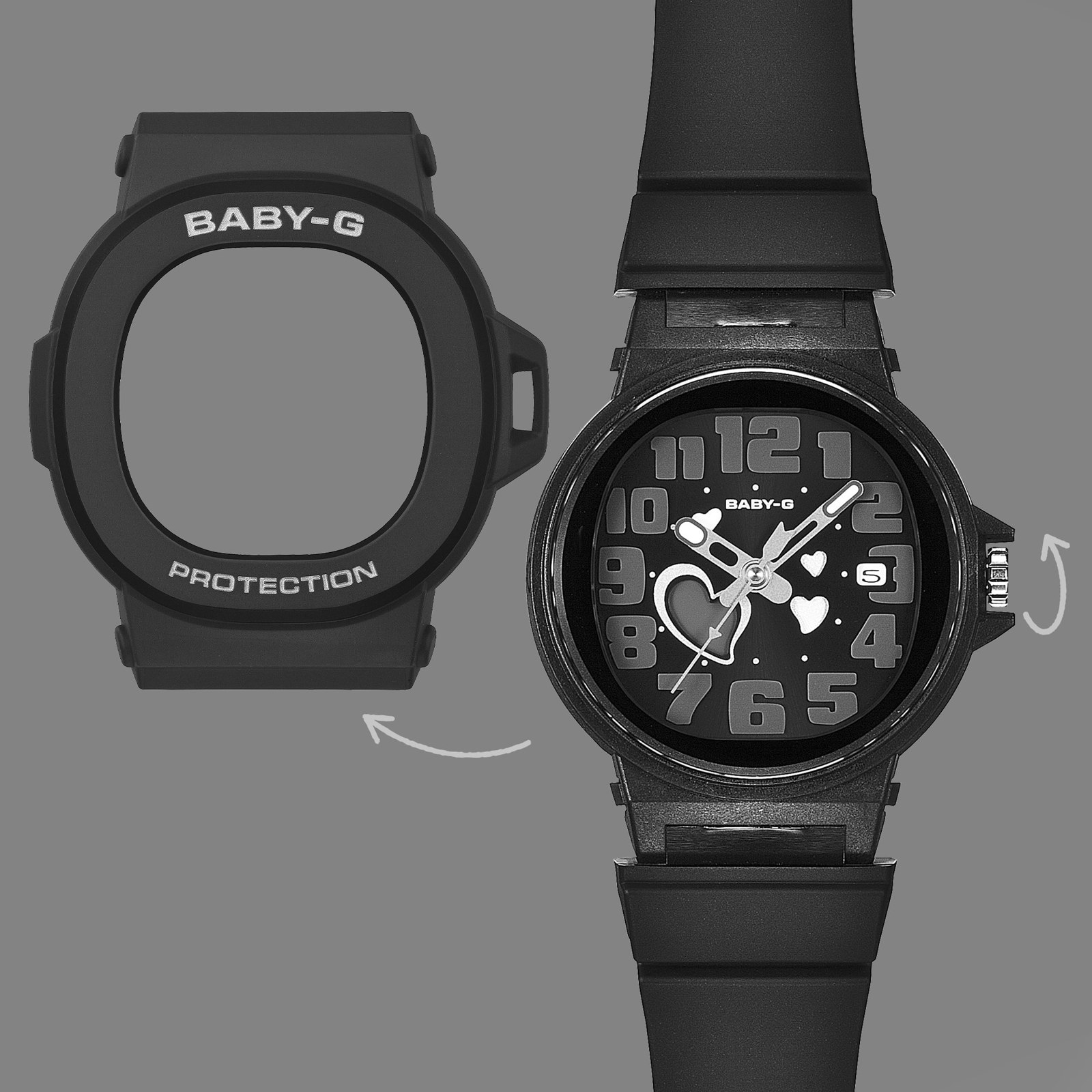 Casio diagram showing the black BGA-10 with its removable bezel beside the watch