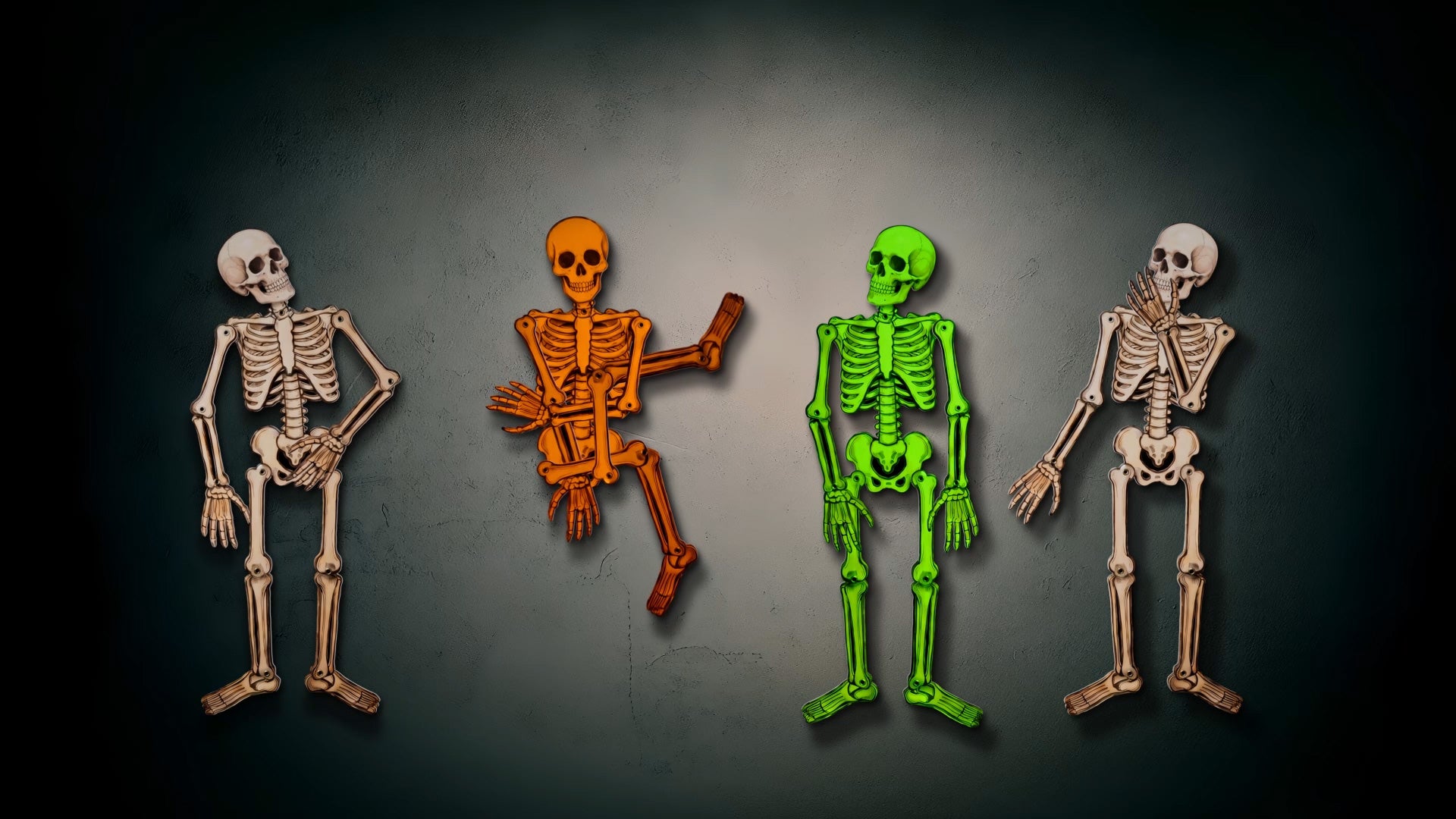 Four colored paper-style skeletons striking poses