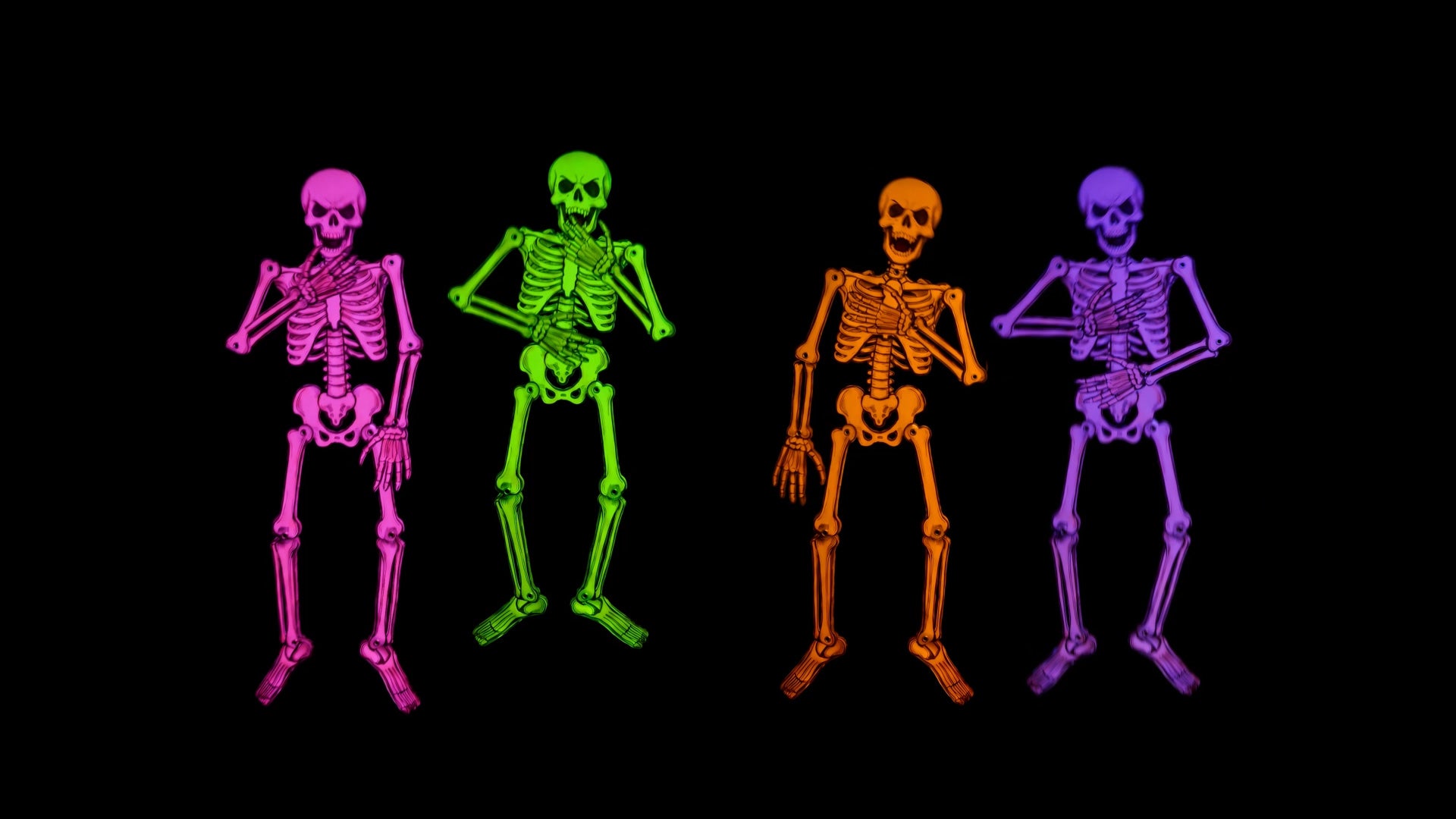 Pink, green, orange and purple skeletons on black