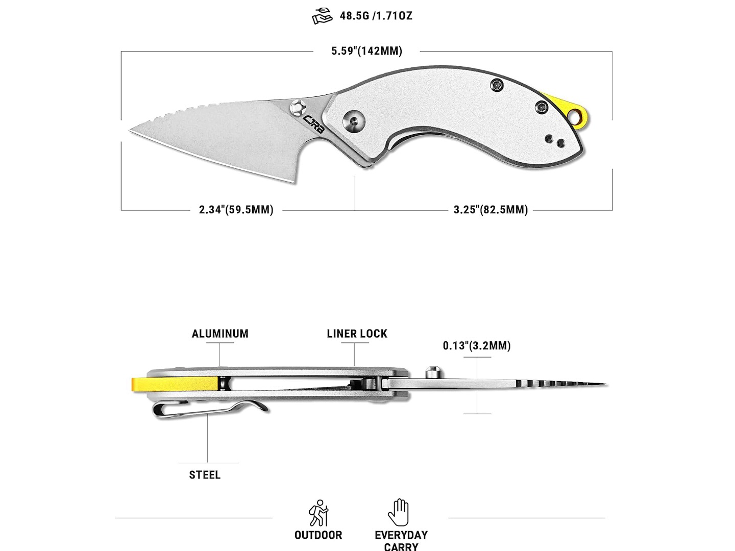 CJRB Spud Small Neck Knife with Detachable Lanyard Clip Aluminum Handle 2