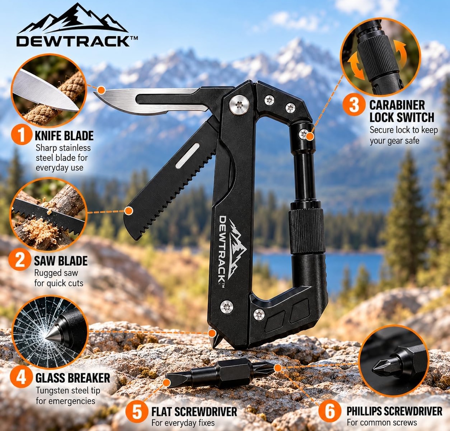Dewtrack 6 in 1 Carabiner Multitool Features