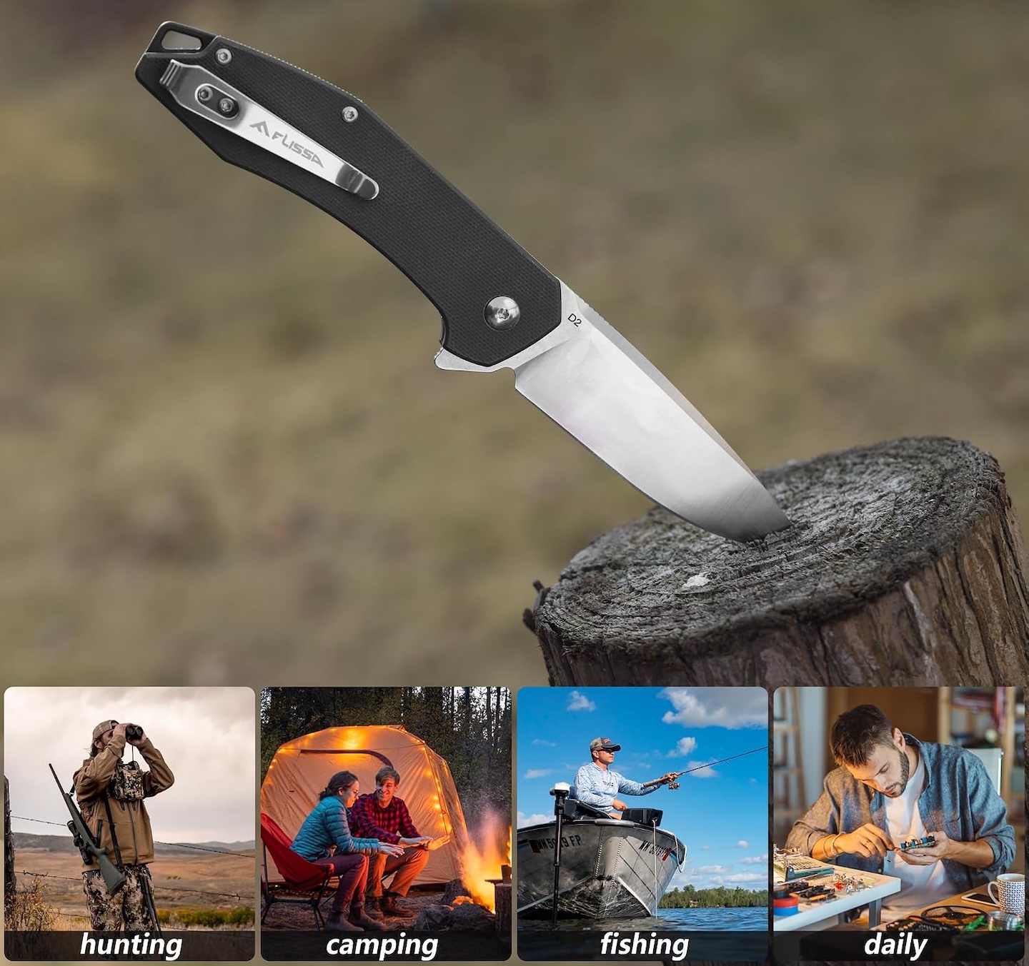 FLISSA Pocket Knife Folding Knife with Liner LockBlack