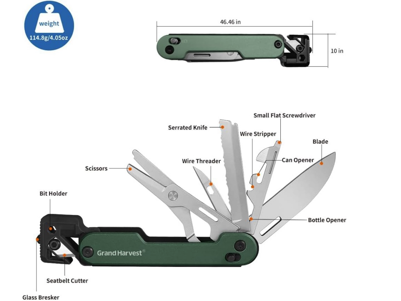 GrandHarvest 4.6 Inch 10 in 1 EDC Pocket Multi Tool 2