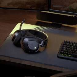 Corsair HS80 v2 MAX Wireless headset on a gaming desk