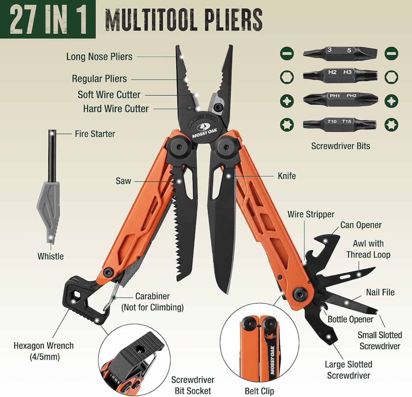 MOSSY OAK 27-in-1 CNC-Machined Multitool Pliers 3