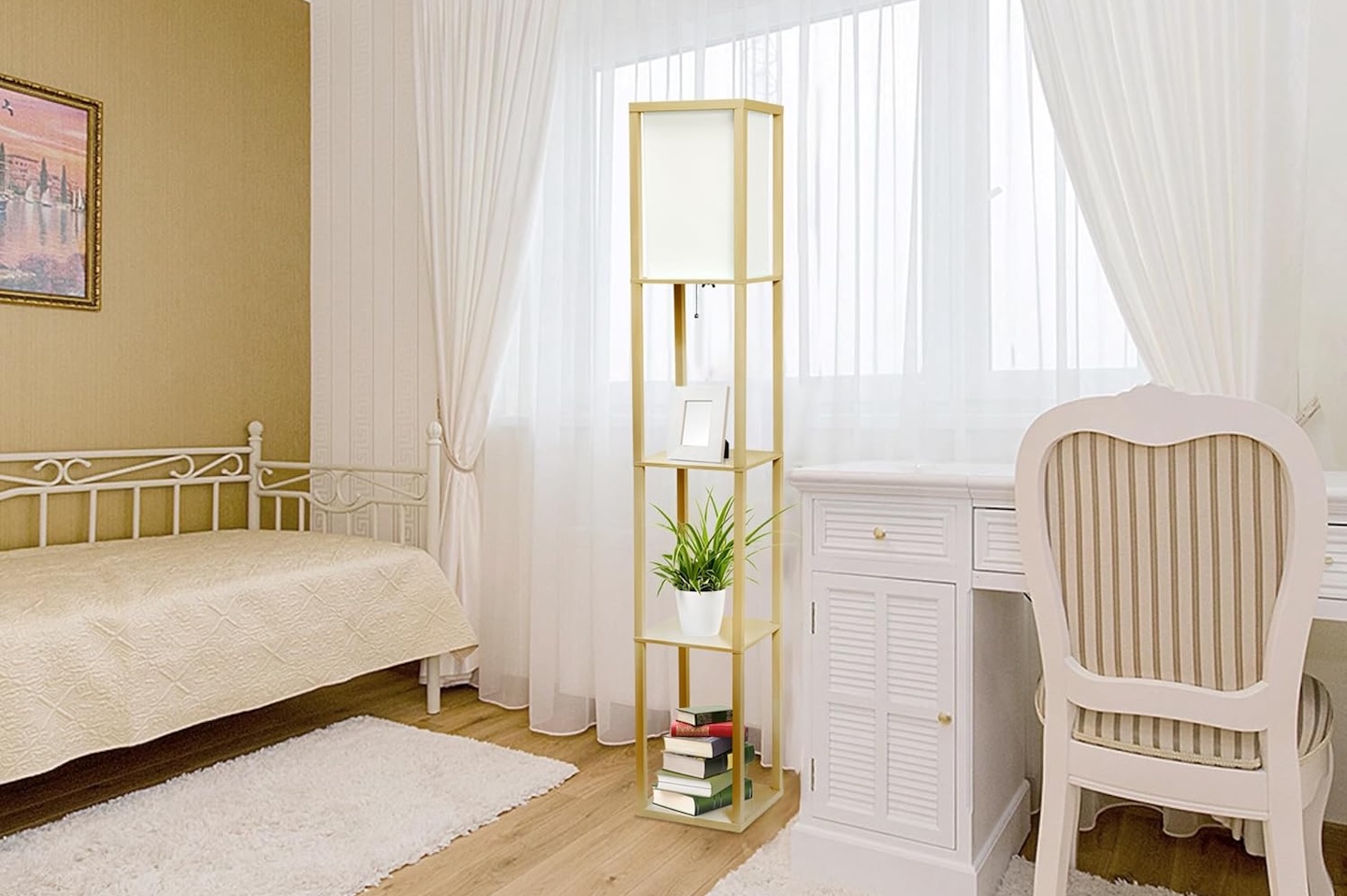 Simple Designs LF1014 TAN Etagere Organizer Storage Shelf Linen Shade Floor Lamp