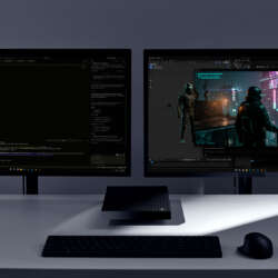 Surface RTX Spark Dev Box with two monitors in Microsoft's official workstation image