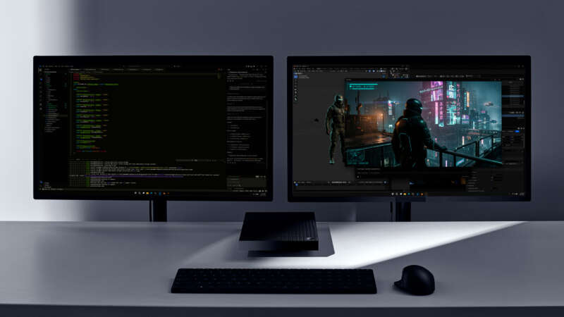 Surface RTX Spark Dev Box with two monitors in Microsoft's official workstation image
