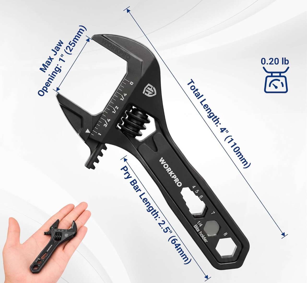 WORKPRO 422 Adjustable Wrench Wide Jaw Opening 5 in 1 Mini Wrench Multitool 2