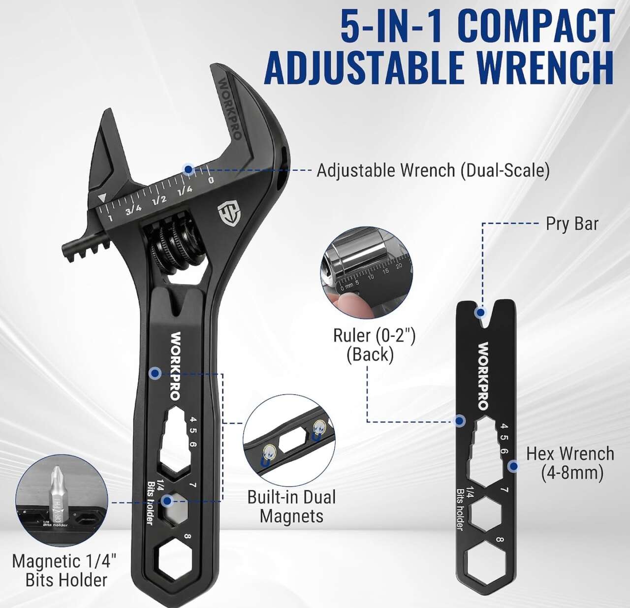 WORKPRO 422 Adjustable Wrench Wide Jaw Opening 5 in 1 Mini Wrench Multitool 5