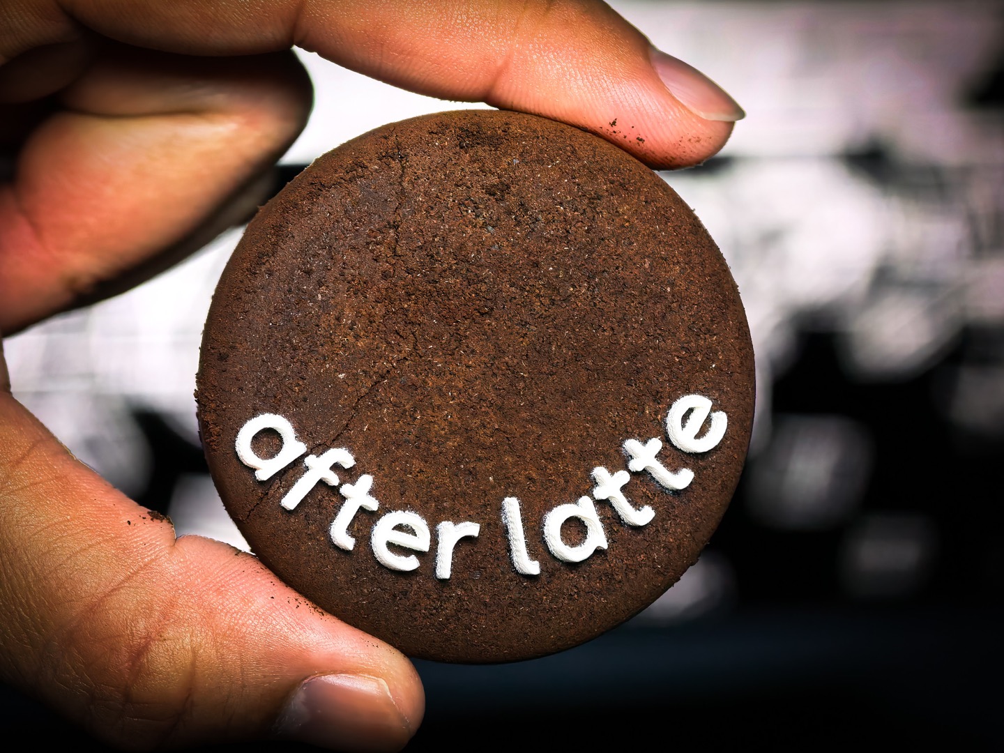 Hand holding a used espresso puck with after latte printed in white.