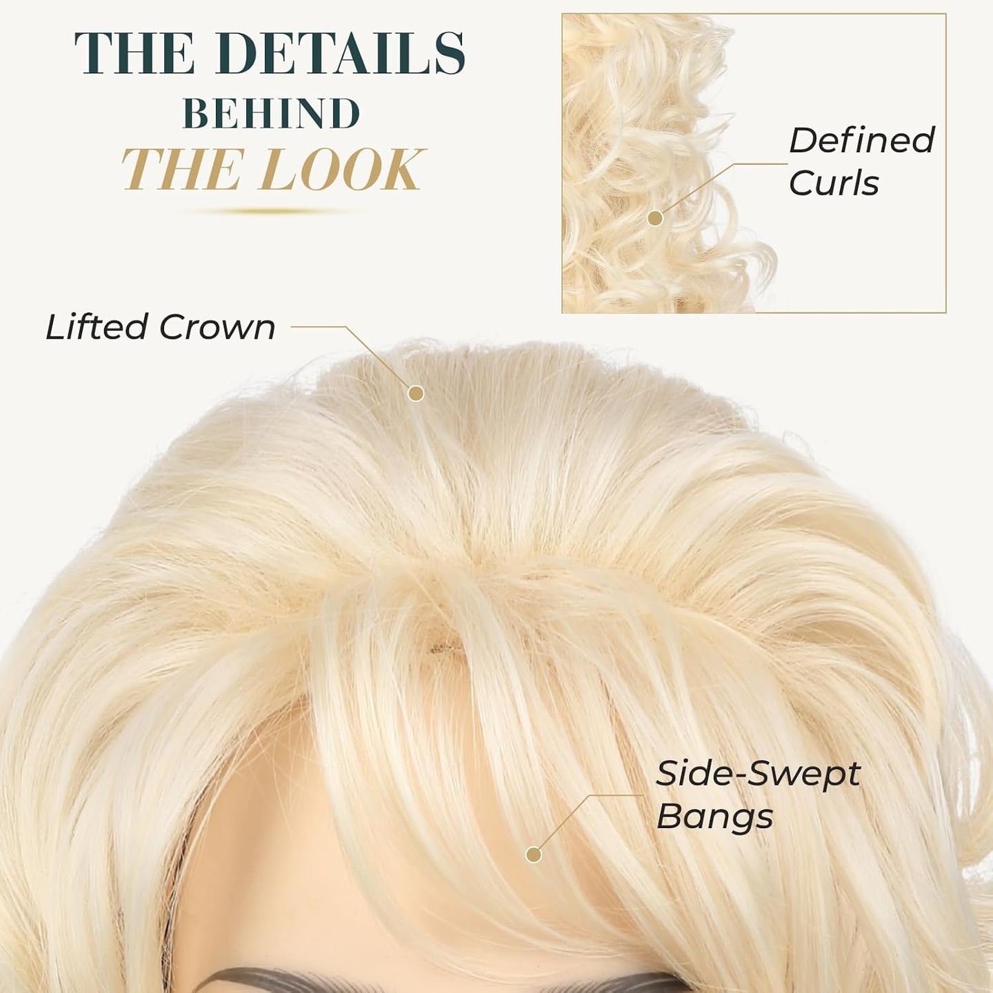 AMZCOS catalog close-up showing the blonde wig’s lifted crown, bangs and curls.