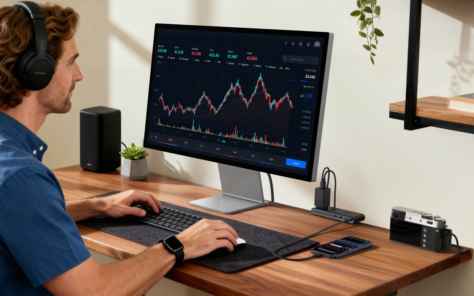 Black Anker Nano A9196 power strip clamped to a home-office desk