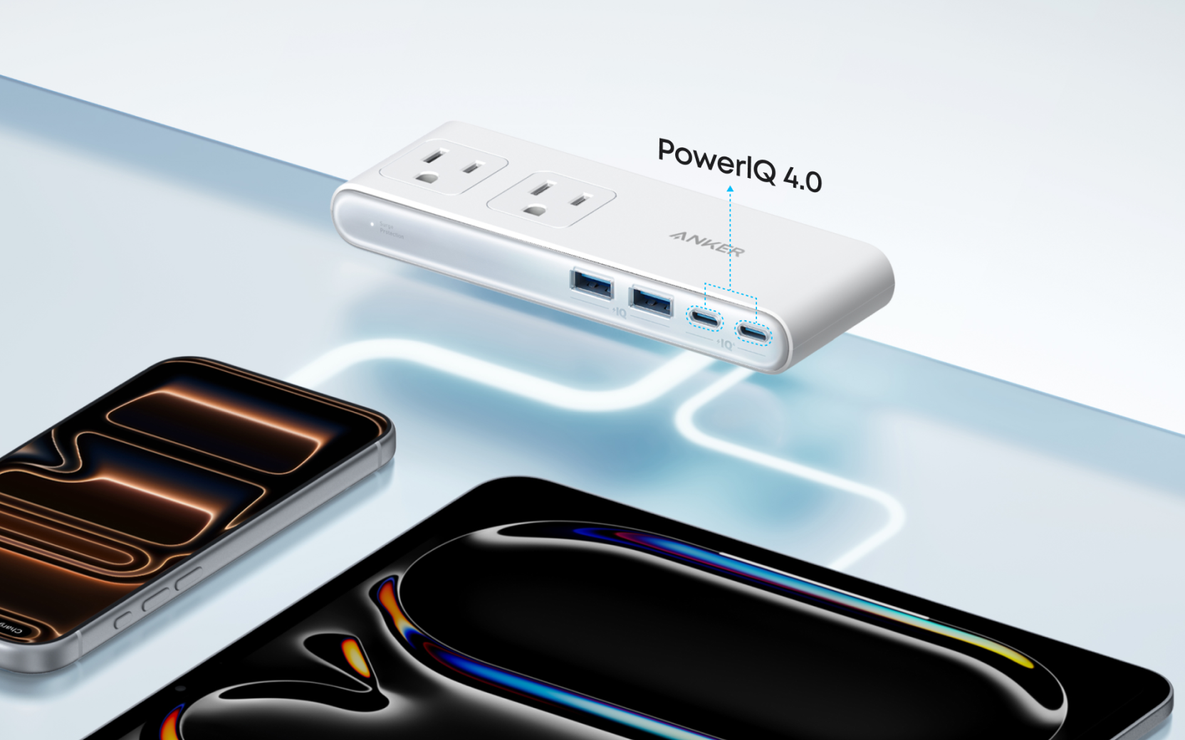 White Anker Nano A9196 USB-A and USB-C ports in an Anker PowerIQ 4.0 illustration