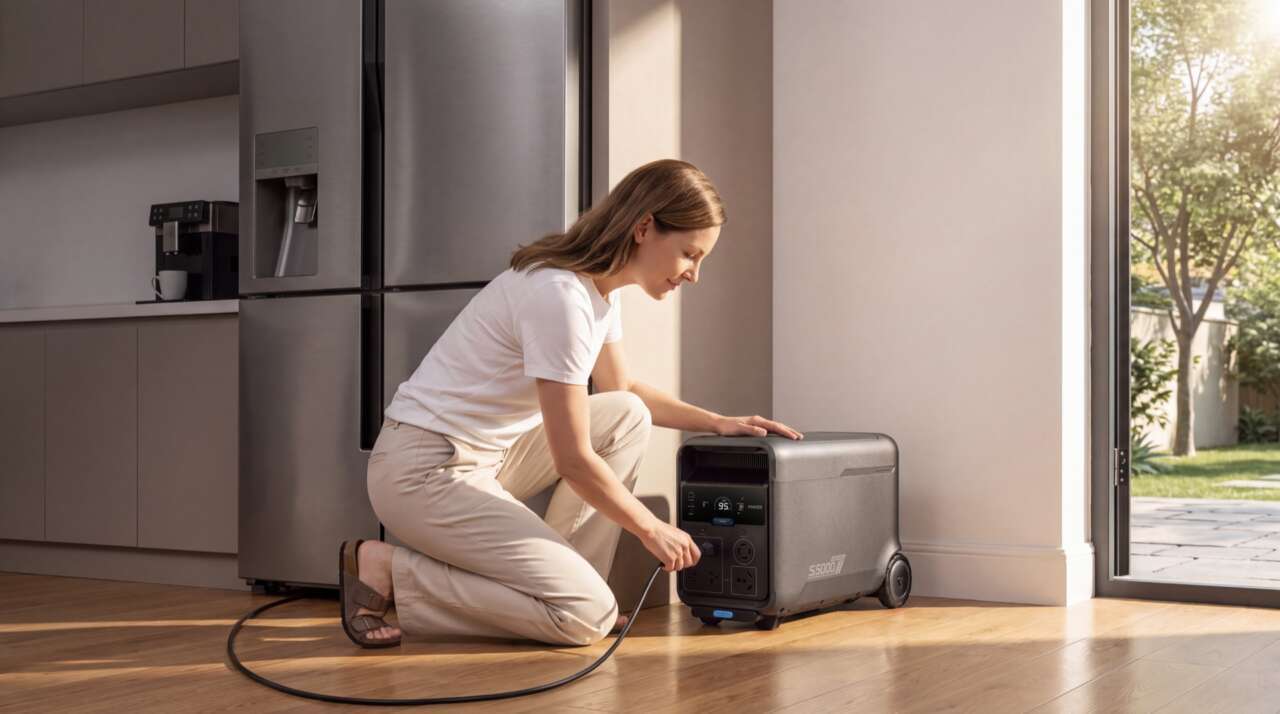 Anker SOLIX S5000 power station beside a refrigerator in a home.