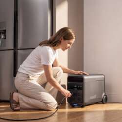 Anker SOLIX S5000 power station beside a refrigerator in a home.