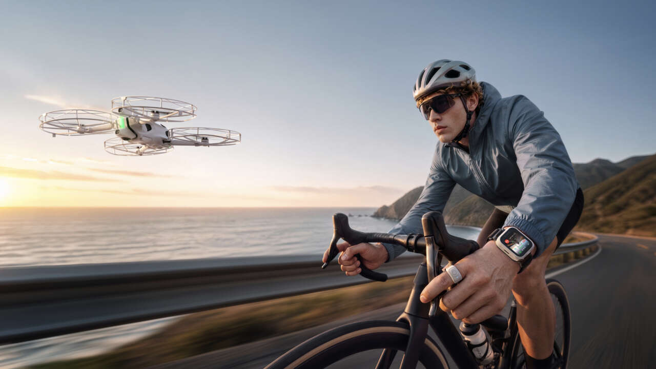 Antigravity A1 flying beside a cyclist wearing the Watch Remote and Ring Remote.