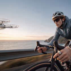 Antigravity A1 flying beside a cyclist wearing the Watch Remote and Ring Remote.