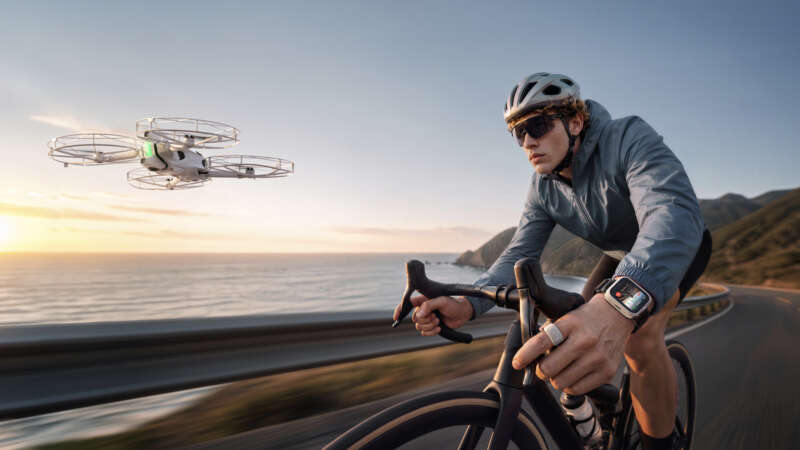 Antigravity A1 flying beside a cyclist wearing the Watch Remote and Ring Remote.