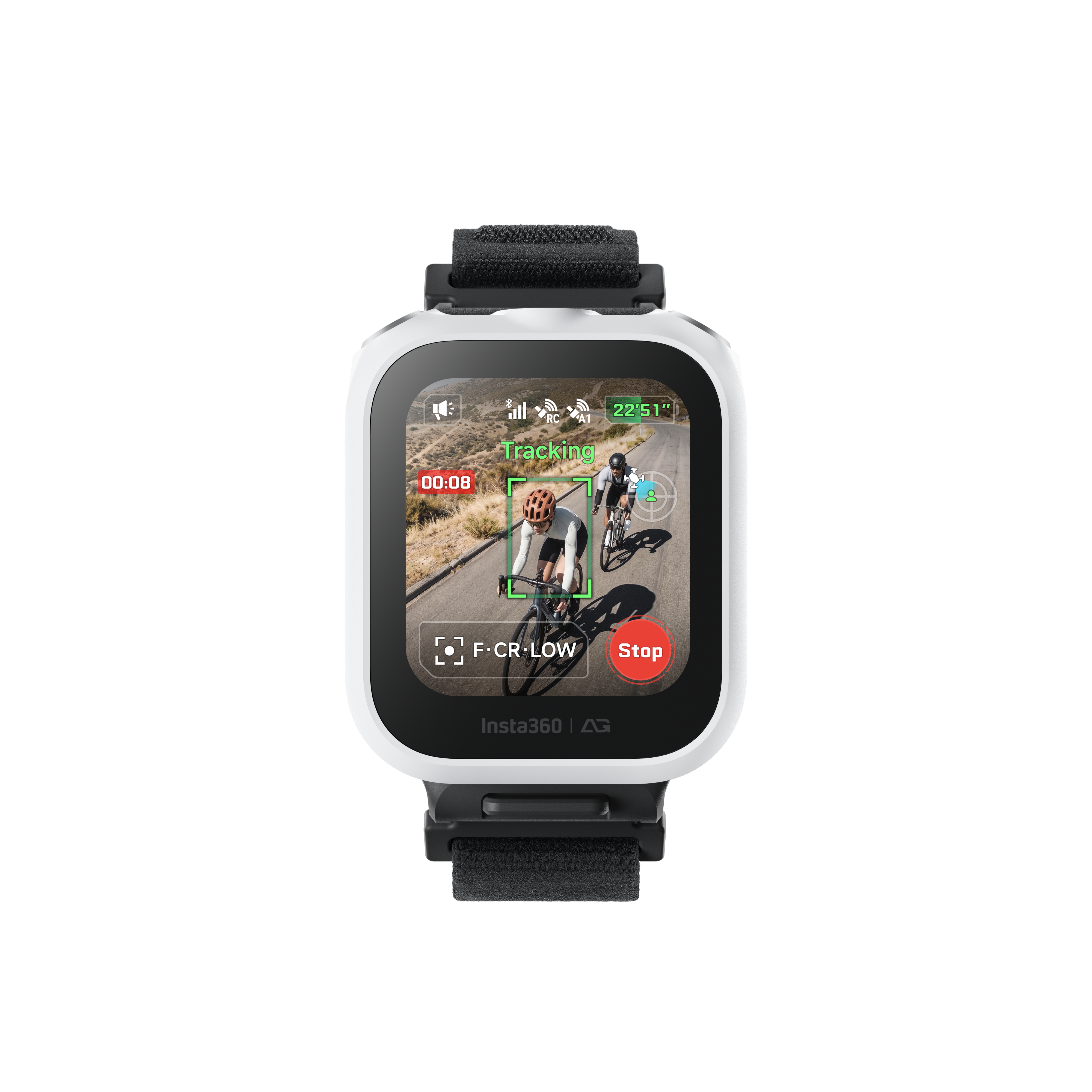 Front view of the Antigravity Watch Remote with a cyclist tracking view on its screen