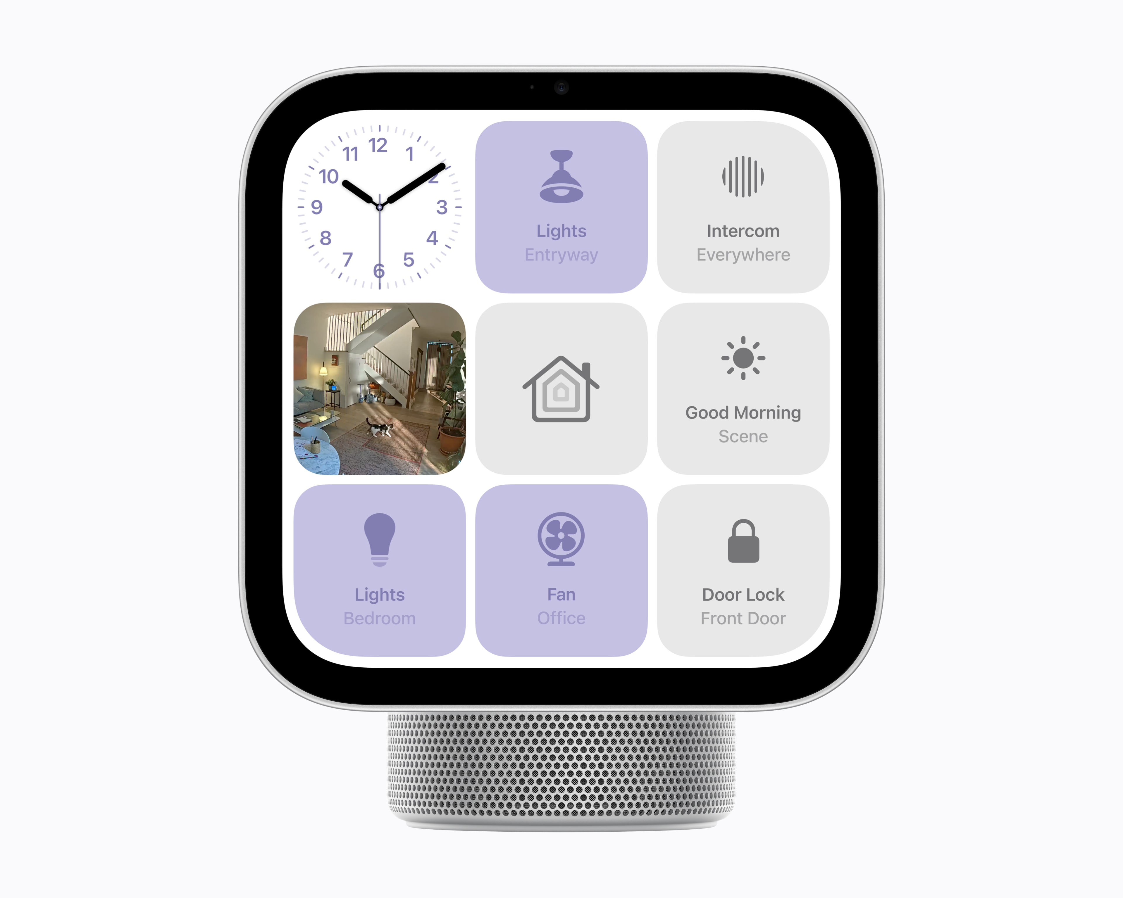 Apple HomeView displaying a camera view and household light, fan and door-lock controls.