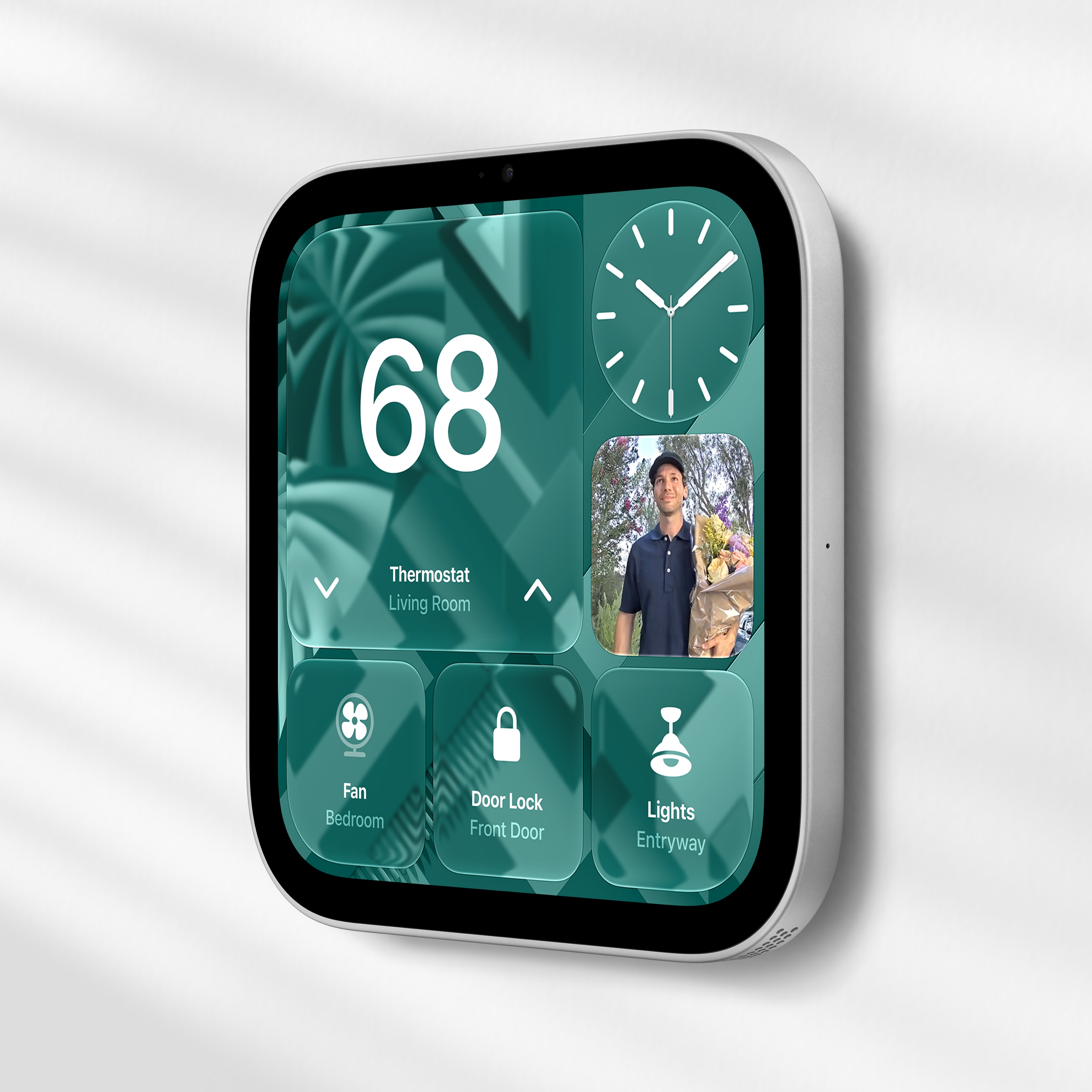 Apple HomeView mounted on a wall, showing household controls