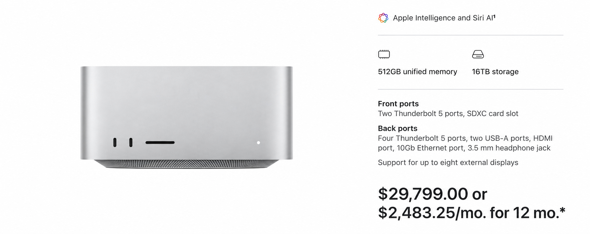 512GB unified memory and a 16TB SSD bring the M5 Ultra configuration to $29,799.