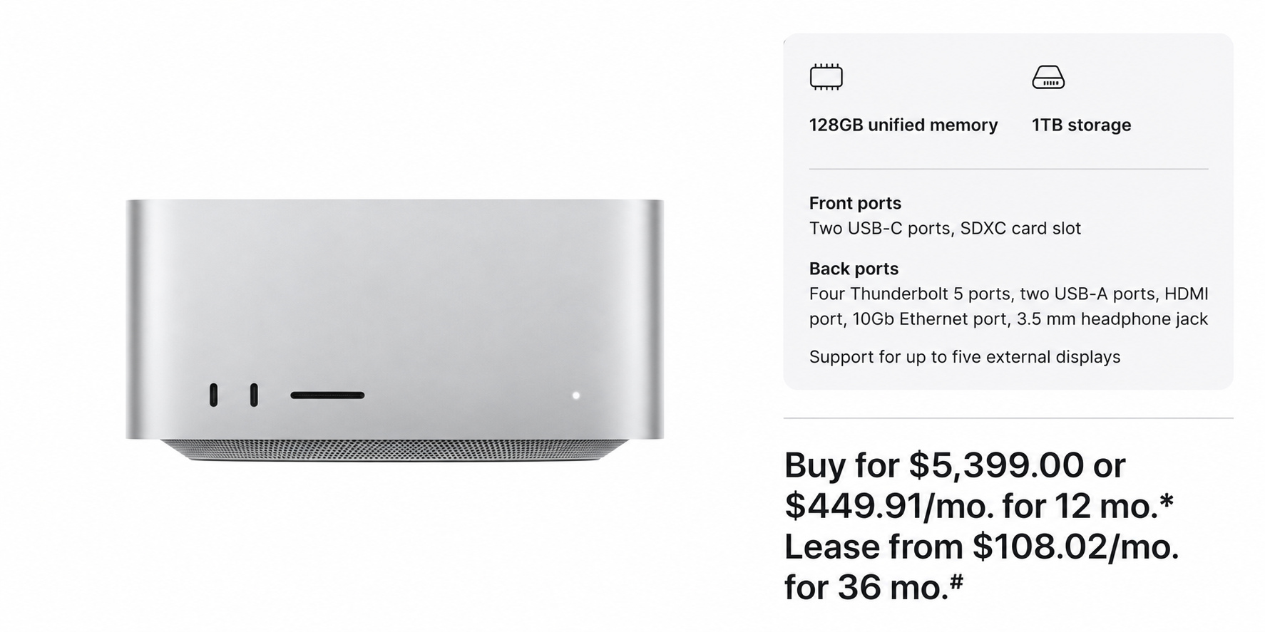M5 Max offers 128GB. This configuration shows 128GB and a 1TB SSD at $5,399, not the 2TB storage used in the Ultra comparison above.