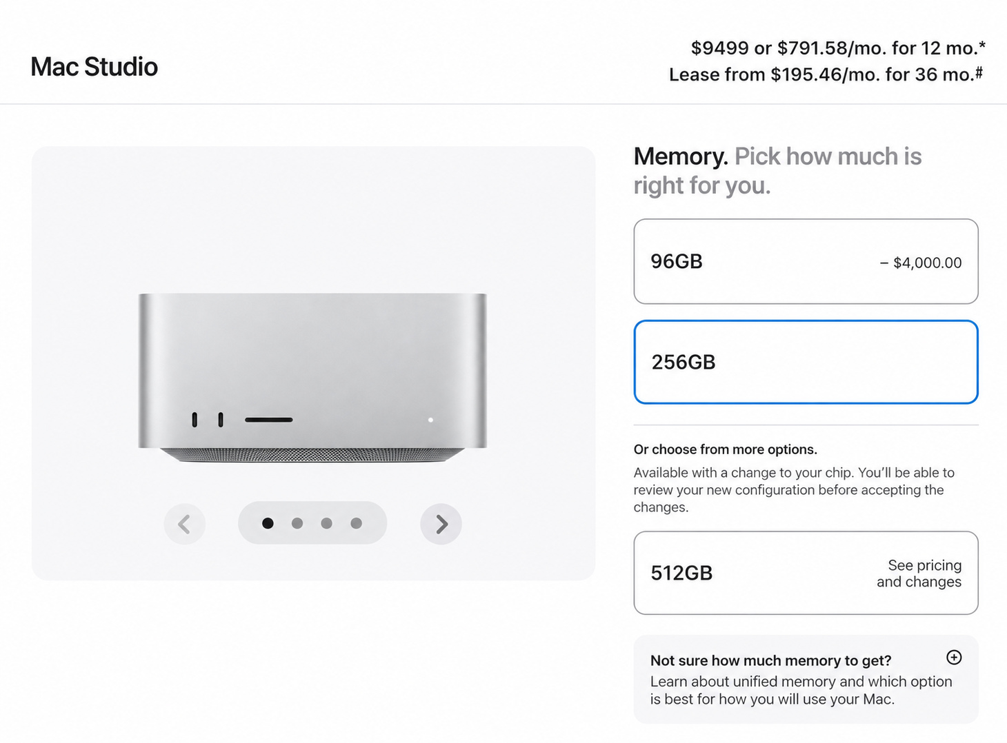 The M5 Ultra memory menu jumps from 96GB to 256GB. The 512GB option requires a chip change.
