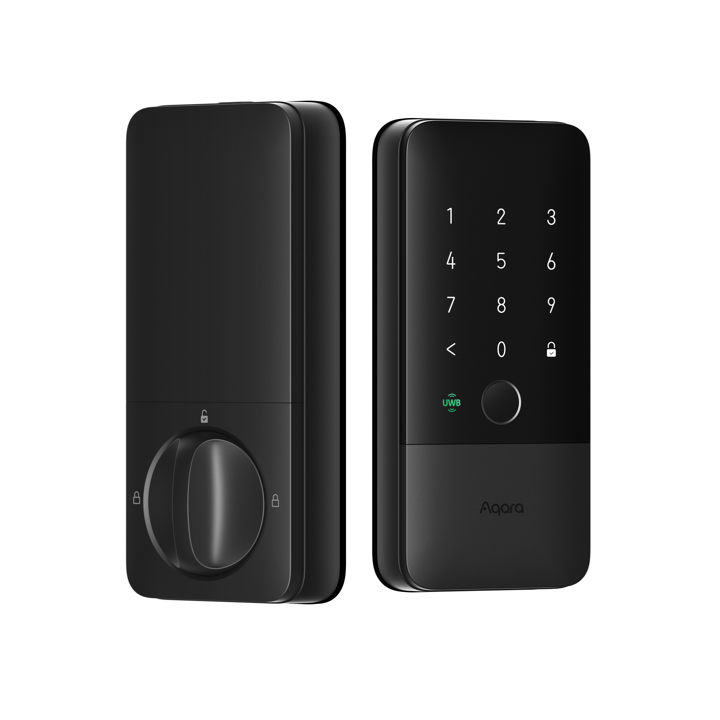 Exterior and interior halves of one black Aqara Smart Lock U400