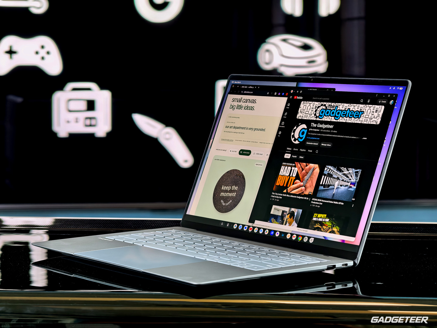 ASUS Googlebook 14 with two browser windows open, viewed from an angle.