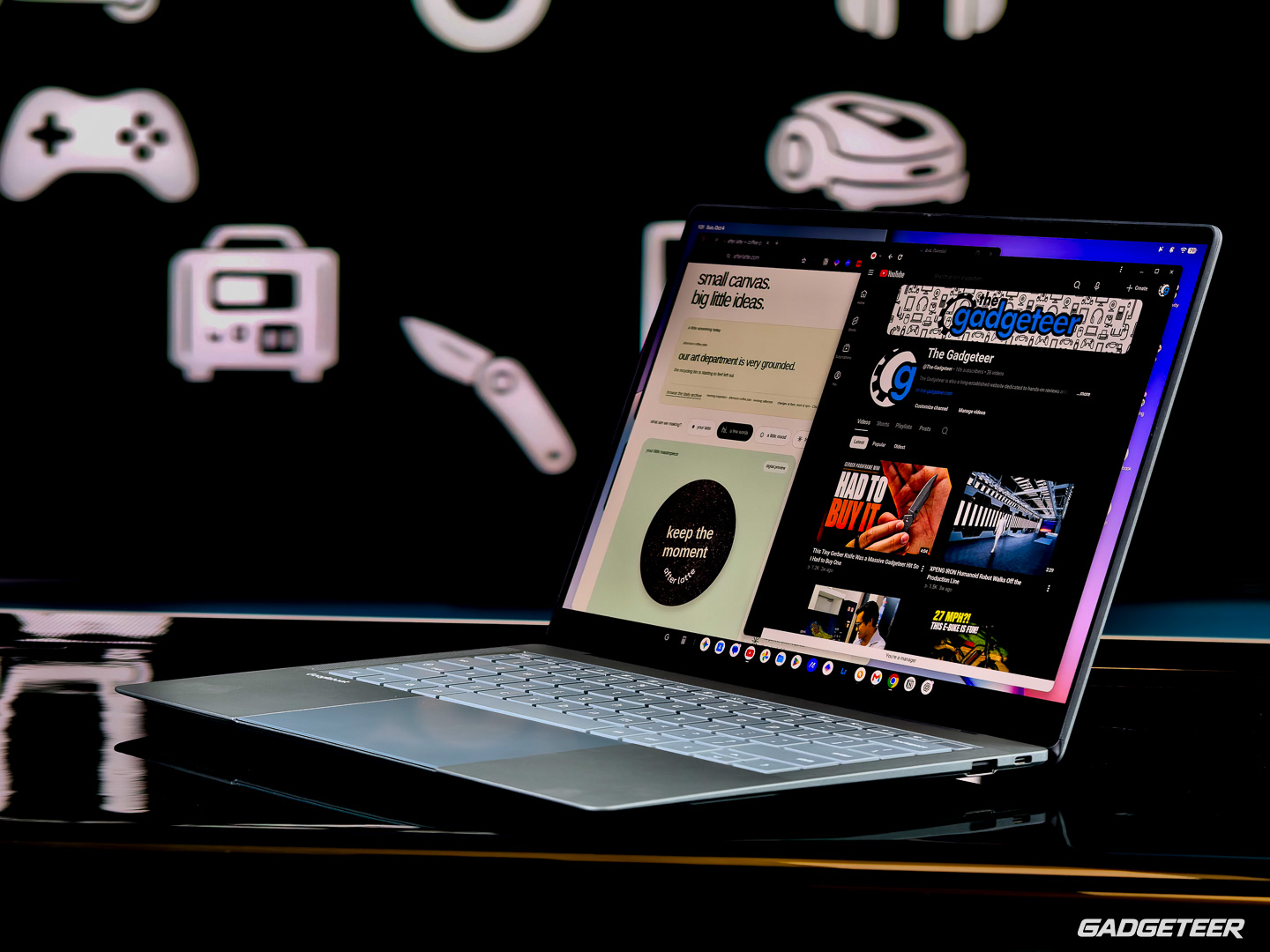 The ASUS Googlebook 14 with browser windows open.