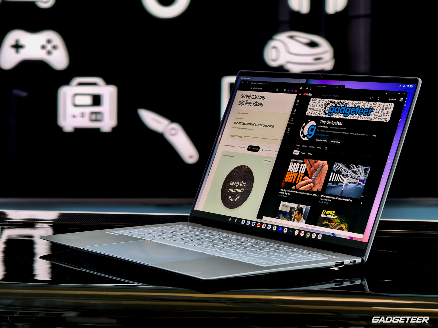 ASUS Googlebook 14 open with two browser windows on its matte display.