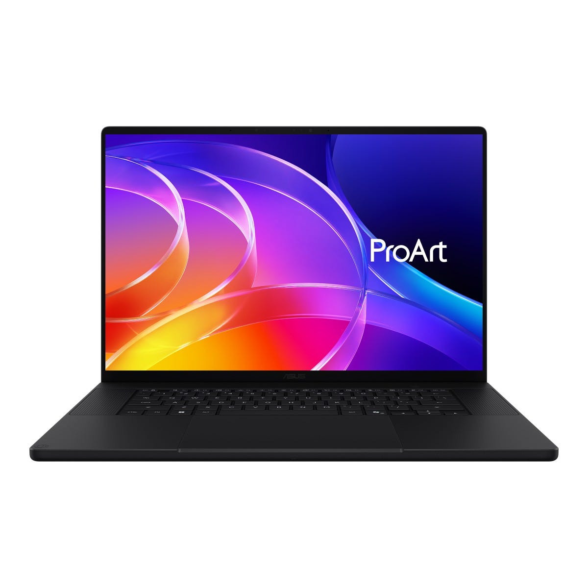 ASUS official front view of the Nano Black ProArt P16 H7607 with a colorful ProArt graphic on its OLED display.