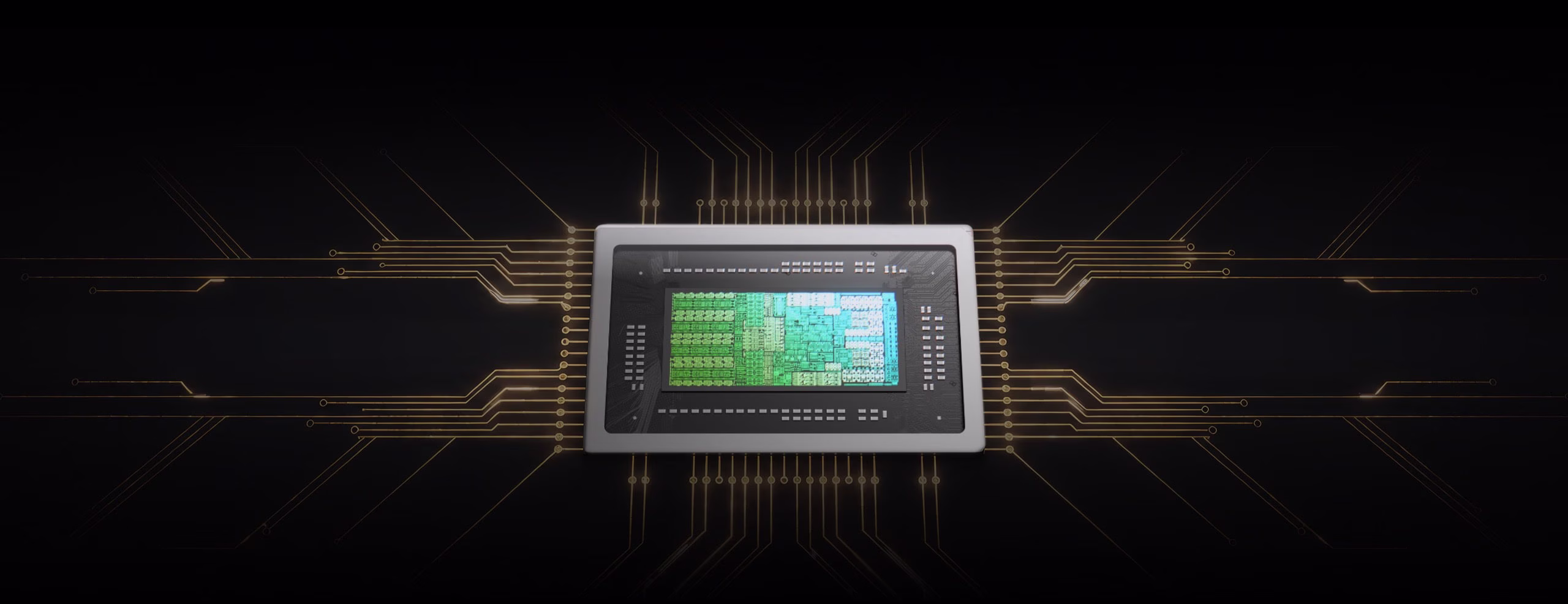 ASUS illustration of an NVIDIA RTX Spark chip with a green die and gold circuit traces on a black background.
